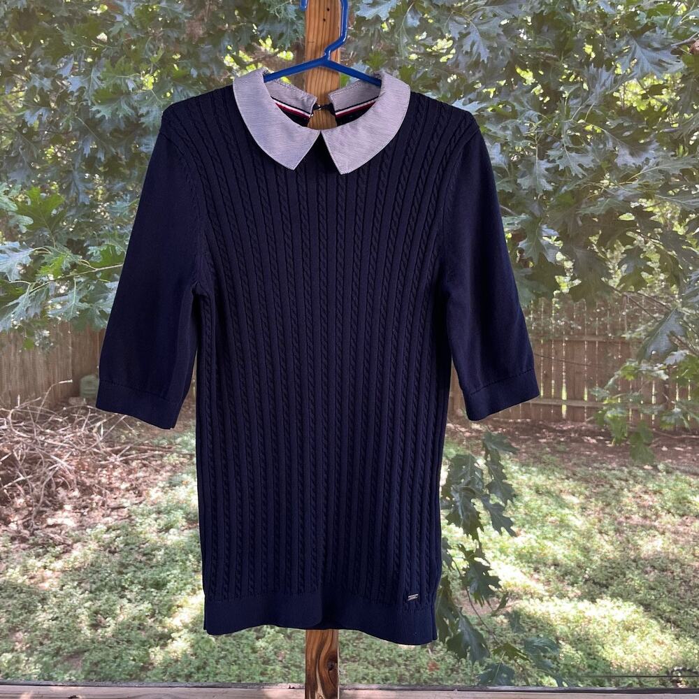 Tommy Hilfiger Women's Navy Mini-Cable Knit Short Sleeve Sweater Size XS